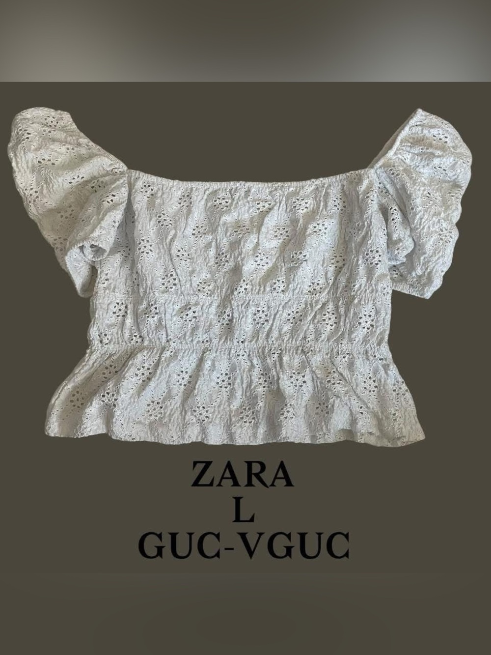 Zara White Eyelet Puff Sleeve Smocked Crop Top Size Large Boho Cottagecore